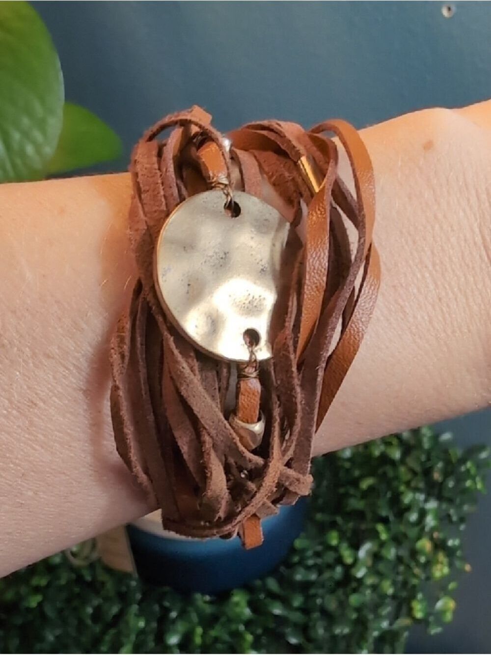 Boho Layered Brown Leather Bracelet with Hammered Metal Disc